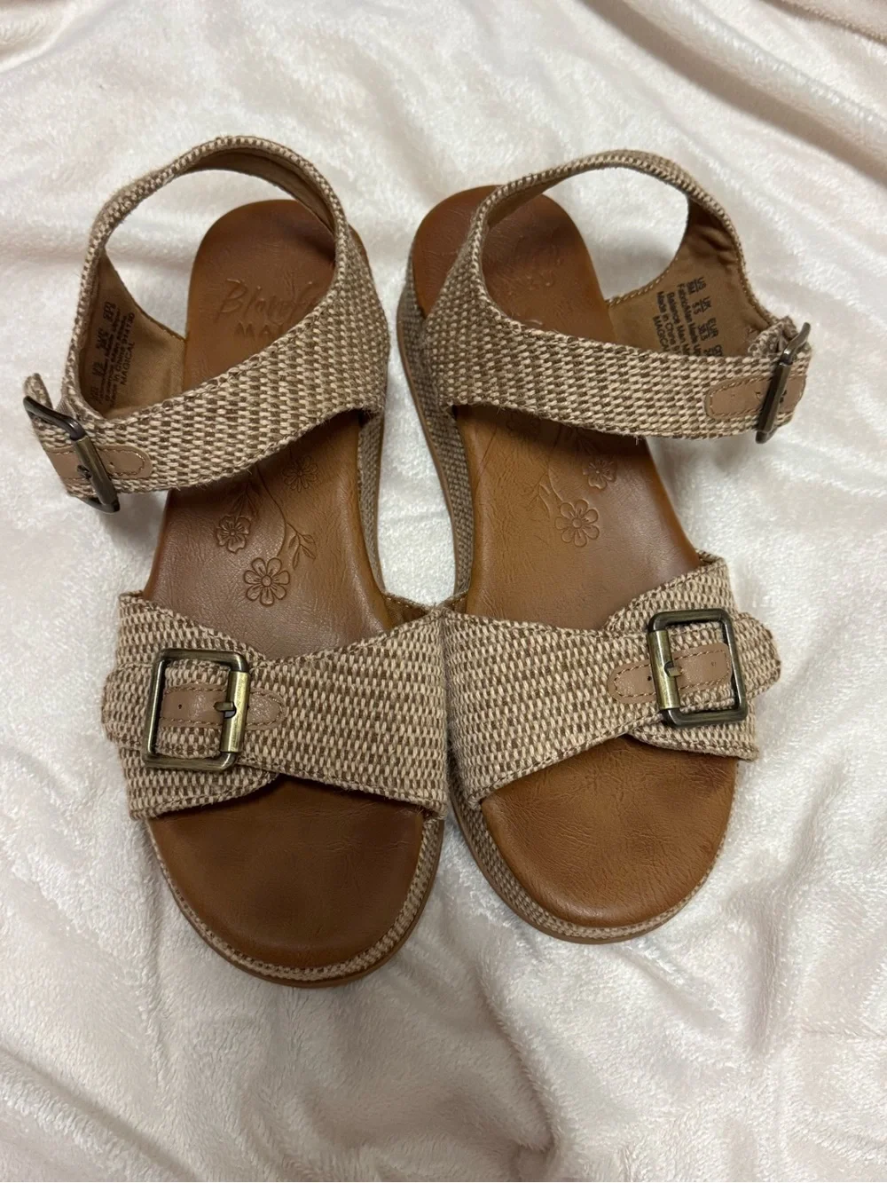 Woven Buckle Ankle-Strap Sandals in Light Tan